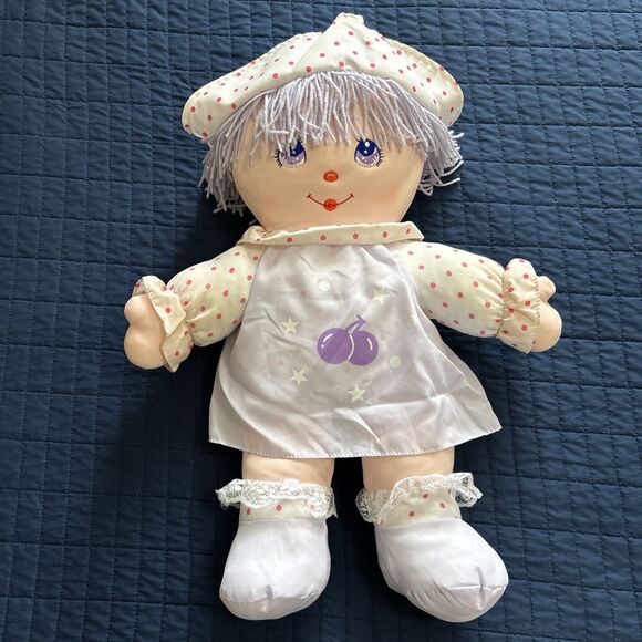 Vintage DOLLY MINE Plush Doll Purple Dress Eyes Hair Cherries Pink Dots 22" - Picture 1 of 10